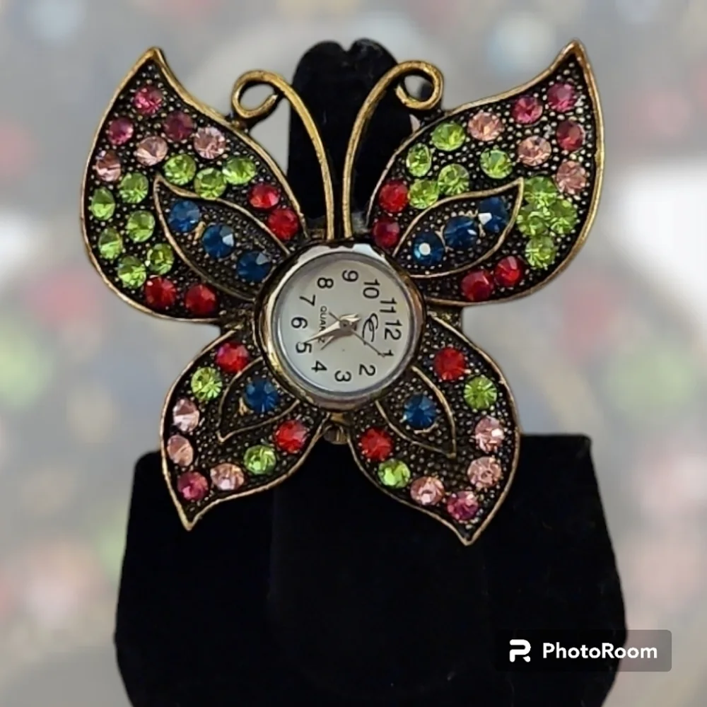 VTG Bronze Rainbow Rhinestone Butterfly Watch Ring